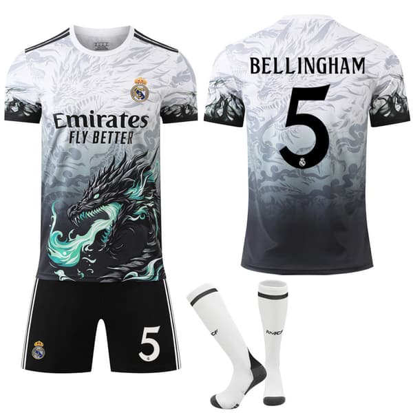 Jud- 2425 Real Madrid Blå Drage Mønster Speciel Mindebegivenhed Sort Fodboldtrøje 5 BELLINGHAM 5 BELLINGHAM #20