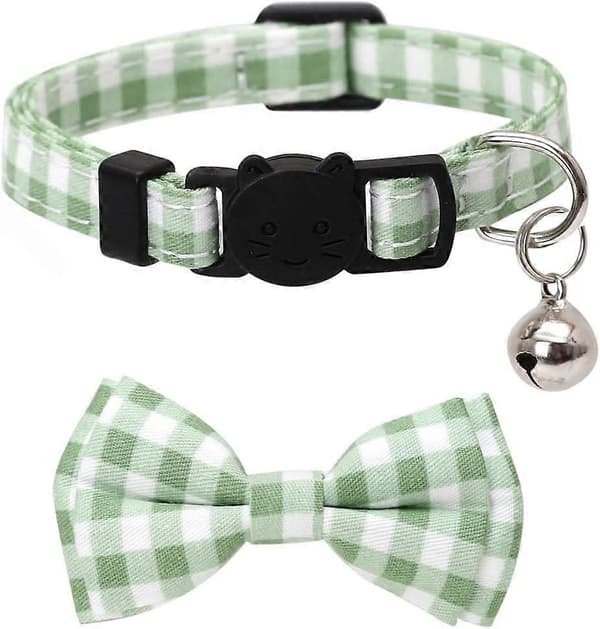 2-pack/set katthalsband med säkerhetsspänne, söt fluga och klocka, rutigt blommönster för kattungar, justerbar säkerhet - grön[J]