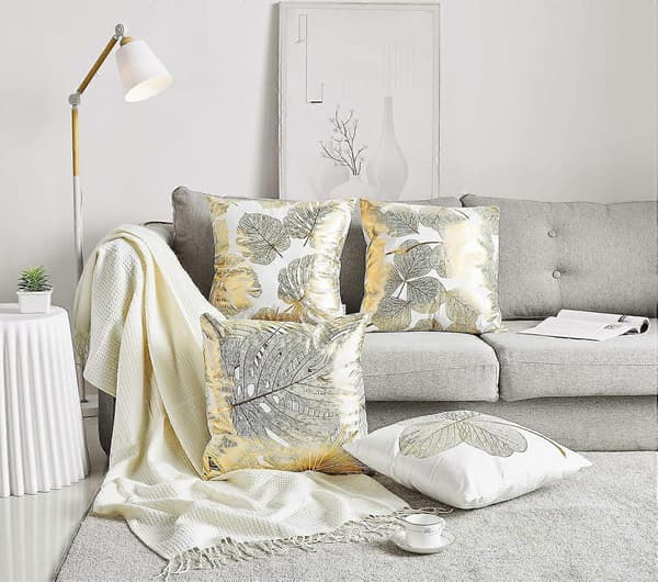 Pakke med 4 dekorative pudebetræk med guldstempling blade 45 x 45 cm til sofa soveværelse ca [XR][J]