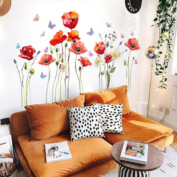 Røde valmueblomster vinyl veggdekor 30x45cm sett