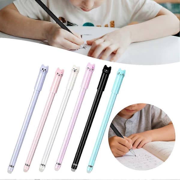 Sletbar blå sort blækpen med yndigt kattetema til studerende[J] 6pcs Black Suit