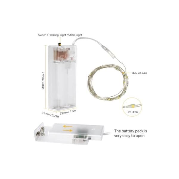 LED lyskæde - Uspecificeret - 2 meter - 20 LED'er - Batteridrevet - 2 lystilstande Warm white