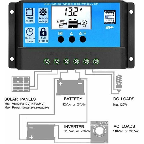 30A Solar Charge Controller 12V/24V Solar Charge Controller Dual USB Port LCD Display til Blybatterier[J]