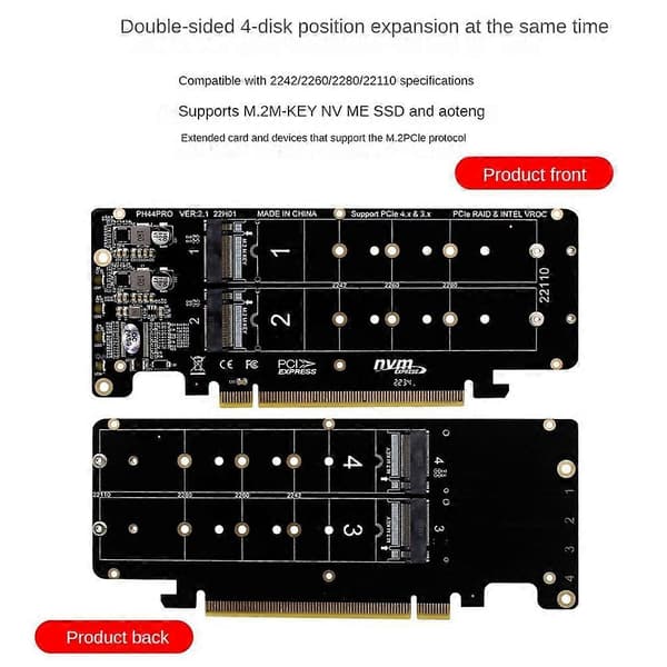 PCIE 4.0 Dual-Disk PCIeX16 till M.2 M-Key NVME SSD Expansionskort, Stöder 4 NVMe M.2 M Key 2280 SSD[J] Black