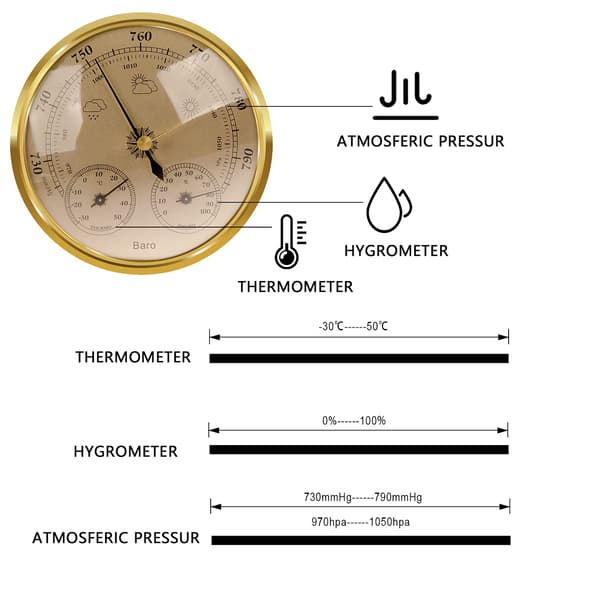 Analog værstasjon - barometer, termometer, hygrometer (gull, 128 mm)