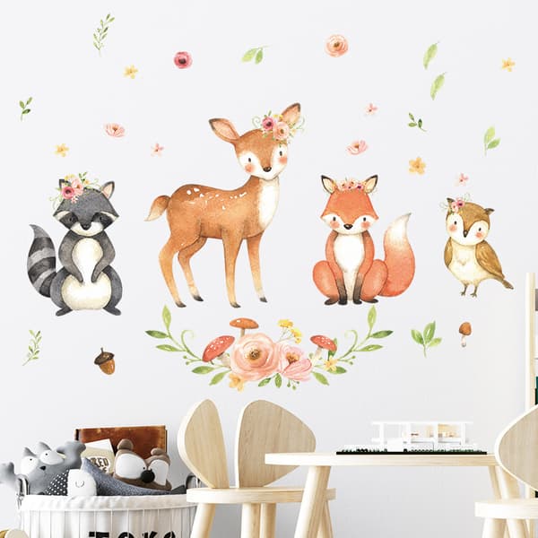 Tecknad räv, fågel och liten blomma sovrum entré vägg