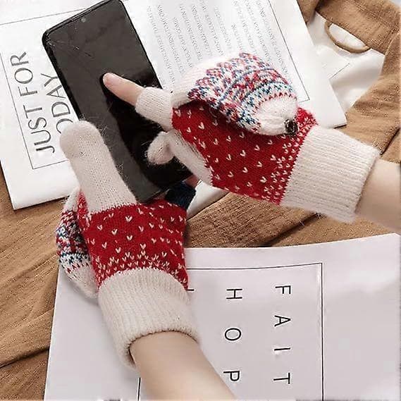 Touch Screen Vinter Strikkede Konvertible Fingerløse Handsker Uldhandsker Varme Luffer Dame Vinterhandsker[J]