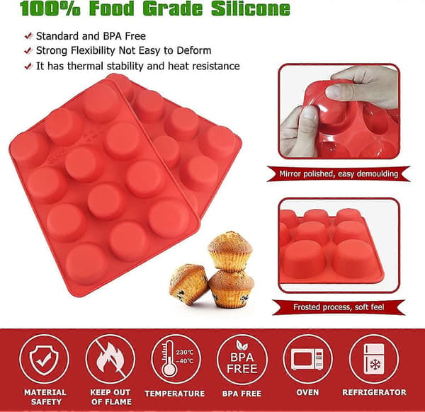 Silikone Muffinforme Nonstick 12 Kopper, 2,5 tommer Silikone Cupcakeform - 2-pak Silikoneforme til Hjemmelavede Muffins, Cupcakes og 12 Kopper[J]