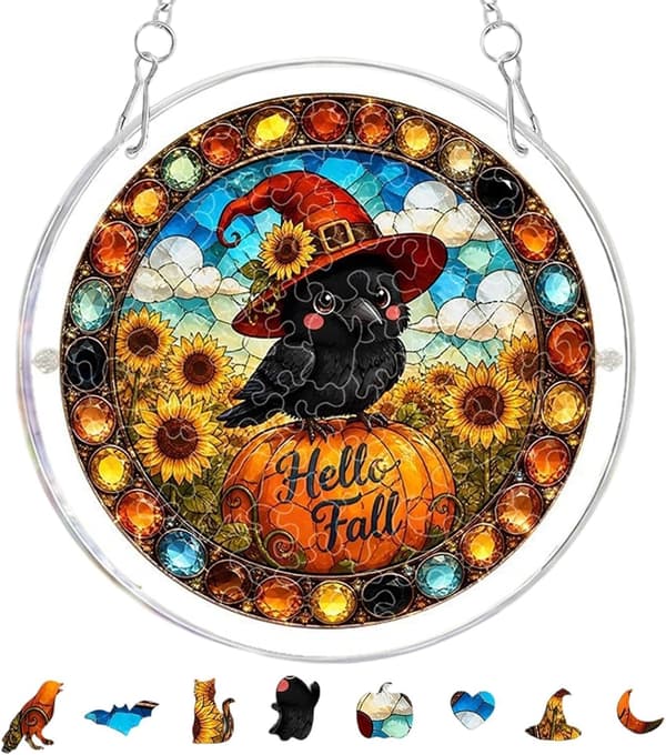 Akrylpuslespill solfanger – 2D DIY-dekorasjon (ugle/gresskar) for høst og Halloween (J)