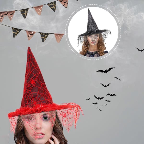 Festhatte Heksehat Med Slør Voksen Kostume Troldmandshat Magikerhat Kasket Halloween Heksehat Mode Solid Hat Sort[J] Black