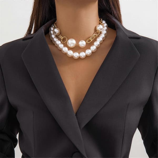 Smart Dobbeltlags Perlehalskæde Elegant Choker Perlevedhæng Halskæde Statement Halskæde til Modeentusiaster[J] White