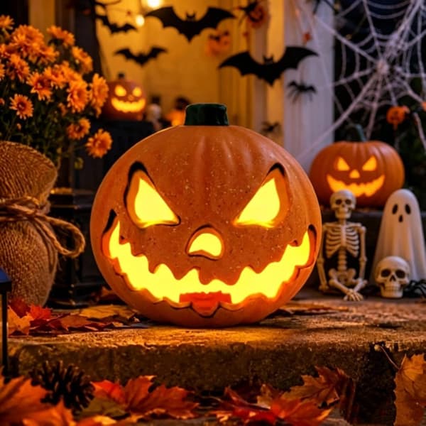 Festlig udendørs dekoration af lysende græskar til Halloween (J)