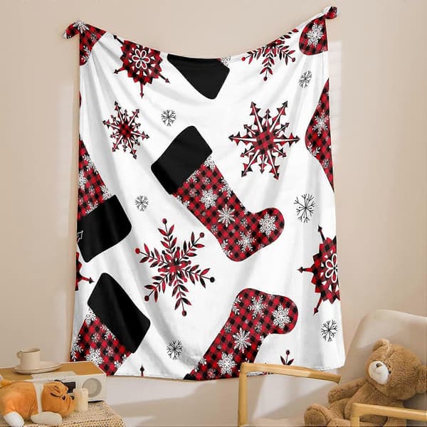 Juletæppe 127,70 x 152,40 cm Jule plaid Rød Snefnug Buffalo Plaid Design Sengetæppe Patchwork Jule tema tæppe (Sengetæppe[J]