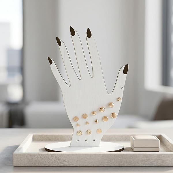 Estetiskt tilltalande och bärbart ringställ i trä – Handformat ställ för hemmabruk 12*178cm (J)