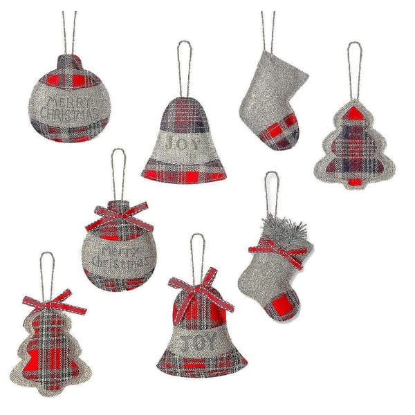 8 stk. julepynt i hessian, rustik julepynt, strømpepynt, julefrokostdekoration [J] red