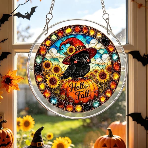 Akrylpuslespill solfanger – 2D DIY-dekorasjon (ugle/gresskar) for høst og Halloween (J)