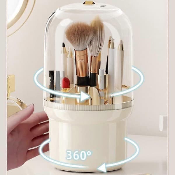 Makeupbørsteholder, 360 roterende makeupbørsteorganizer med låg, støvtæt kosmetikbørsteopbevaring med 7 rum, creme[J]