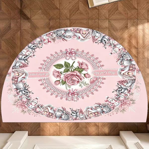Halvcirkelformet gulvmåtte med julemotiv af lyserøde og hvide roser 50x80cm