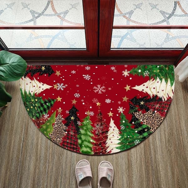 Trykt halvcirkelformet gulvmåtte, juledesign med røde og grønne blomster 60x90cm
