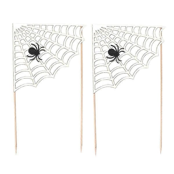 2 stk. kaketopp-pinner dekor hvit edderkoppnett-design Halloween-elementer bakekakedekor til bursdagsfest [J] White M
