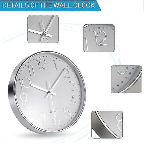 Premium Silver Väggklocka, Modern Tyst Väggklocka Kontor Kök (25cm, Silver)