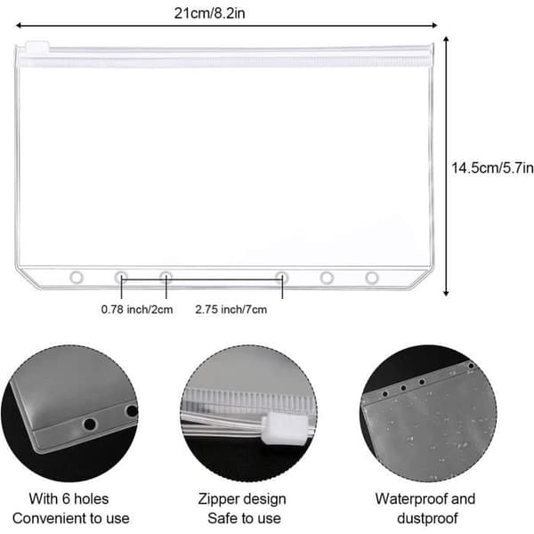 12-pack A5-storlek transparenta pärmfickor plastmappar vattentäta 6-håls påsar[J]
