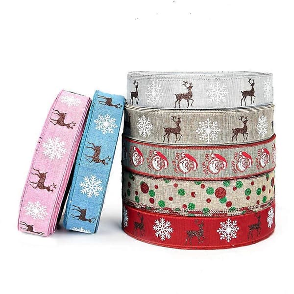 Julband i linne med snöflinge-, älg- och jultomtemönster - DIY presentinslagning, 2 meter