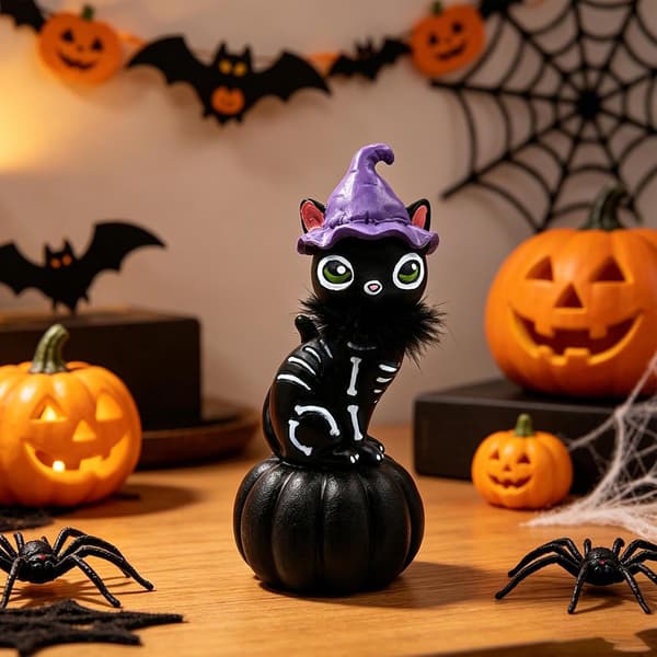 Halloween sort kattefigur, skræmmende sort kattepynt lavet af harpiks (J)