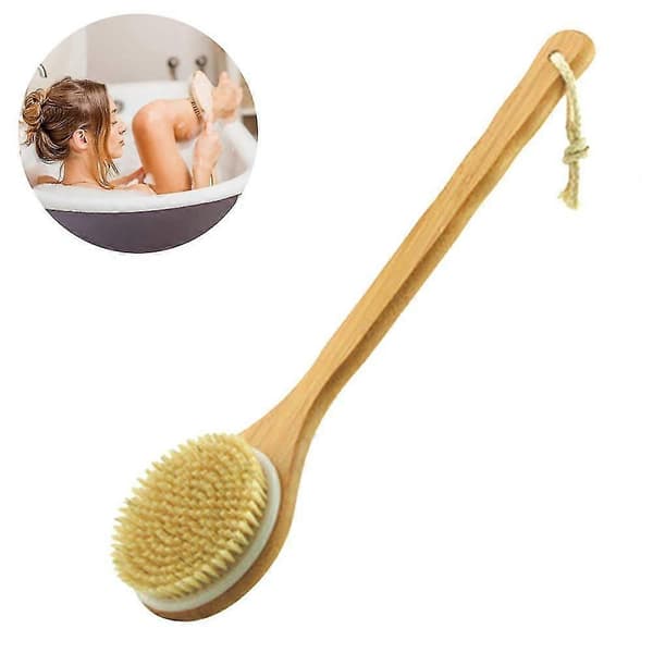 Dusjbørste med naturlig bust, langt bambushåndtak, badebørste Bleach