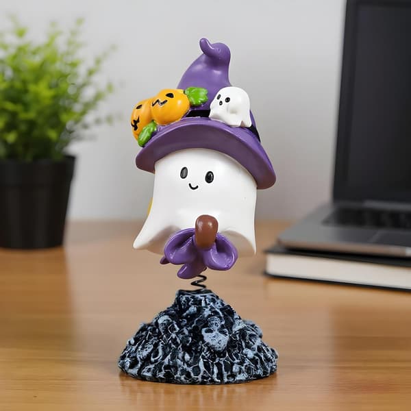 Liten Halloween-spøkelsesfigur, harpiksstatue med bobblehode til skrivebordet ditt (J)