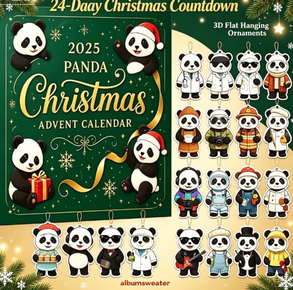 Panda Julekalender 2026, 24-dages Julenedtælling med 2D Flade Panda Ophæng (J)