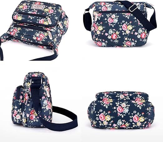 Multi-Pocket Casual Crossbody Handväskor för Kvinnor Vattentäta Axelväskor i Nylon (Blommig-Grå)