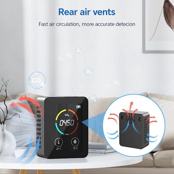 CO2-måler Multifunktionel Termohygrometer Digital Luftdetektor til Hjemmet Intelligent Luftkvalitetsmonitor, Sort