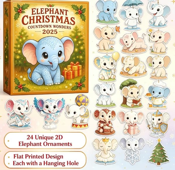 Elefant Julekalender 2026, 24-dagers nedtelling til jul med 2D flate elefant-hengepynt (J)