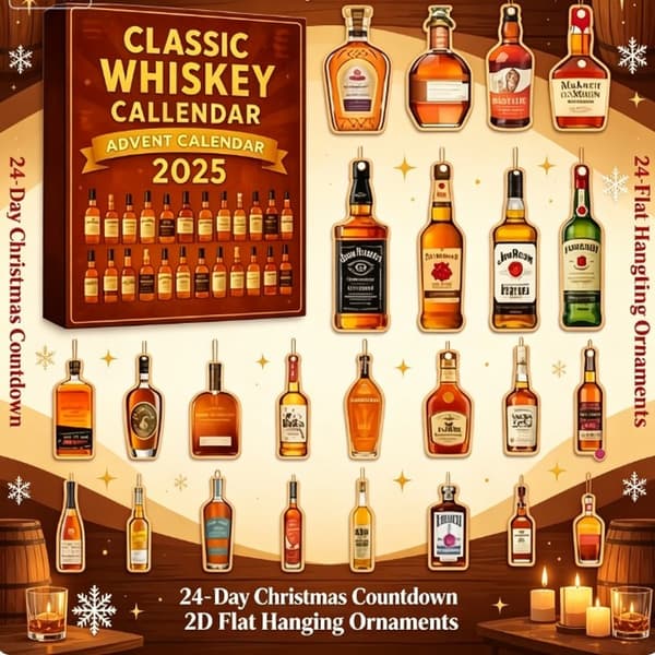 Klassisk Whiskey Julekalender 2026, 24-dages Nedtælling til Jul med 2D Flade Mini Whiskeyflaske Ophæng (J)