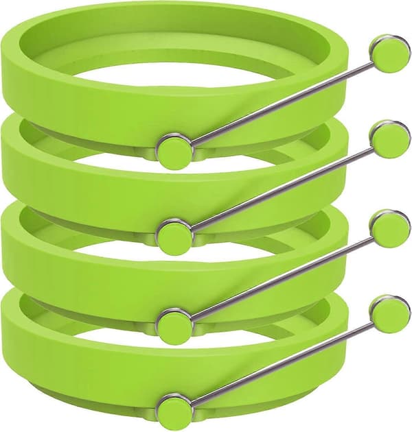 4 stk silikon eggeringform, non-stick pannekakeform kokering rund med håndtak (grønn)