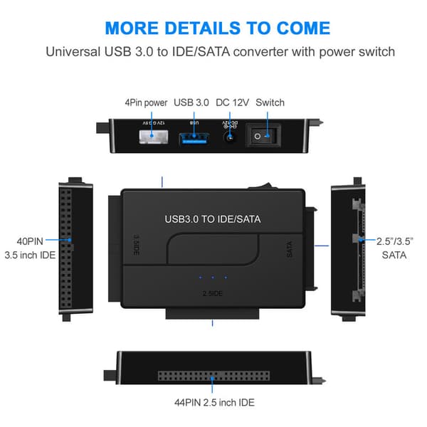 SATA/IDE til USB 3.0 harddisk kortlæseradapter - Understøtter 2,5/3,5\" HDD SSD, 5,25\" CD/DVD-drev