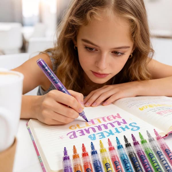 Sølfrie glittertusjer, egnet for kunst, tegning, håndverk og barneaktiviteter. (J)