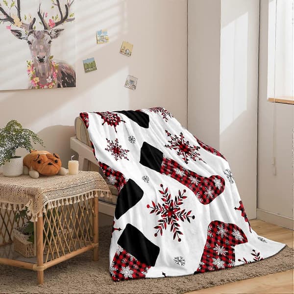Juletæppe 127,70 x 152,40 cm Jule plaid Rød Snefnug Buffalo Plaid Design Sengetæppe Patchwork Jule tema tæppe (Sengetæppe[J]