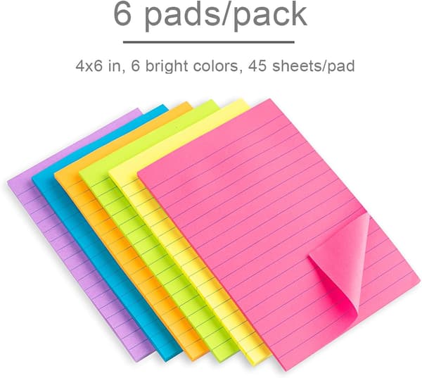 Linjerede sticky notes 4X6 tommer i lyse linjerede post-stickies farverige sup