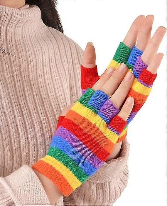 Unisex Regnbue Elastiske Strikkede Fingerløse Håndvarmere Hansker