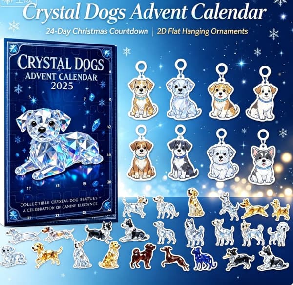 Krystallhunder Julekalender 2026, 24-dagers nedtelling til jul med 2D flate krystallhund-hengepynt (J)