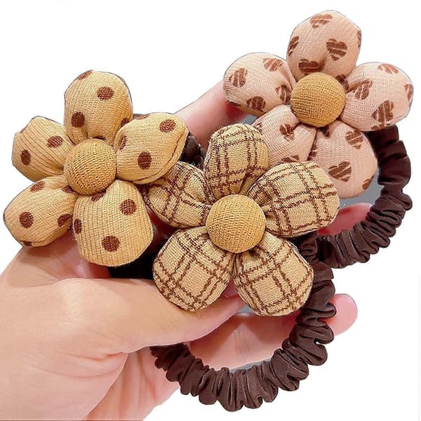 Søte hårstrikker for kvinner, jenter, småbarn, barn, elastiske hårstrikker for tykt hår, tynt hår, ingen skade, gummibånd til hår ((Kaffefarget blomst 3PC[J]