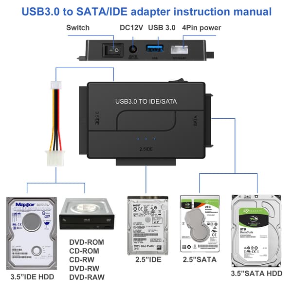 SATA/IDE til USB 3.0 harddisk kortlæseradapter - Understøtter 2,5/3,5\" HDD SSD, 5,25\" CD/DVD-drev