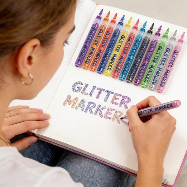 Sølfrie glittertusjer, egnet for kunst, tegning, håndverk og barneaktiviteter. (J)