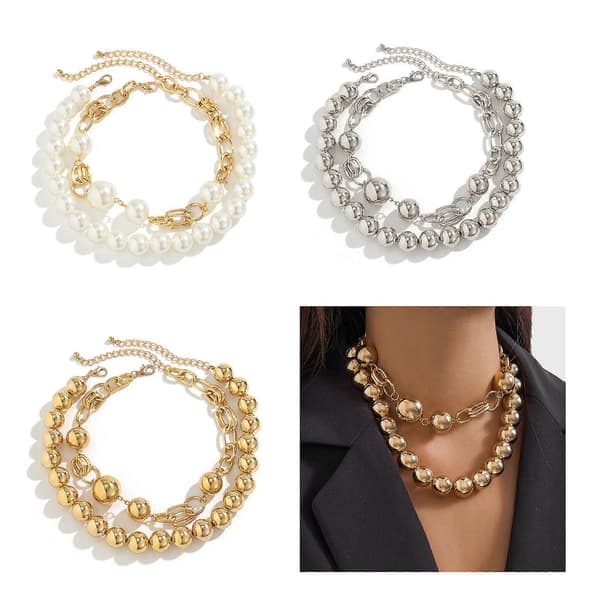 Chic dubbellager pärlhalsband Elegant choker pärlberlockhalsband Statement halskedja för modeentusiaster[J] Silver