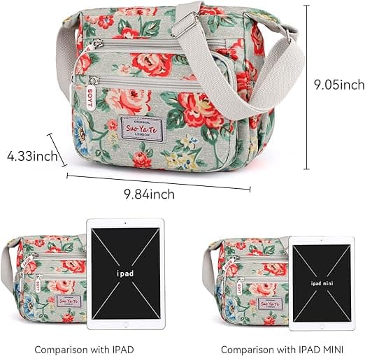 Multi-Pocket Casual Crossbody Handväskor för Kvinnor Vattentäta Axelväskor i Nylon (Blommig-Grå)
