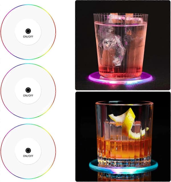 3-pak Drikkevare LED Coasters, ON/OFF Engangs LED Farve Coasters