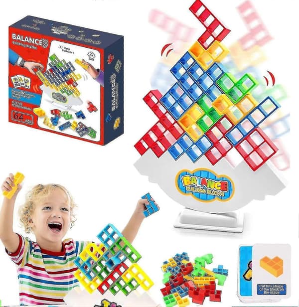 Tetra Tower nce Stacking Blocks Game, Brädspel för 2 spelare + familj, 64 st[J]