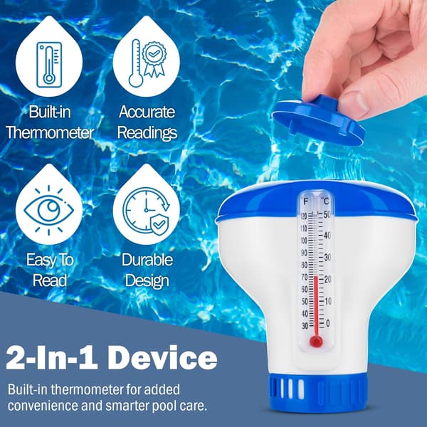 Klorinator för bubbelpool med inbyggd termometer – Flytande klordispenser – Justerbar flödeskontroll